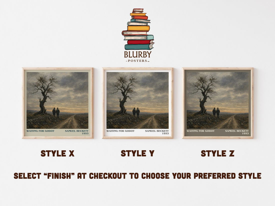 Waiting for Godot literary print in frame leaning in hallway – philosophy wall art (mockup)