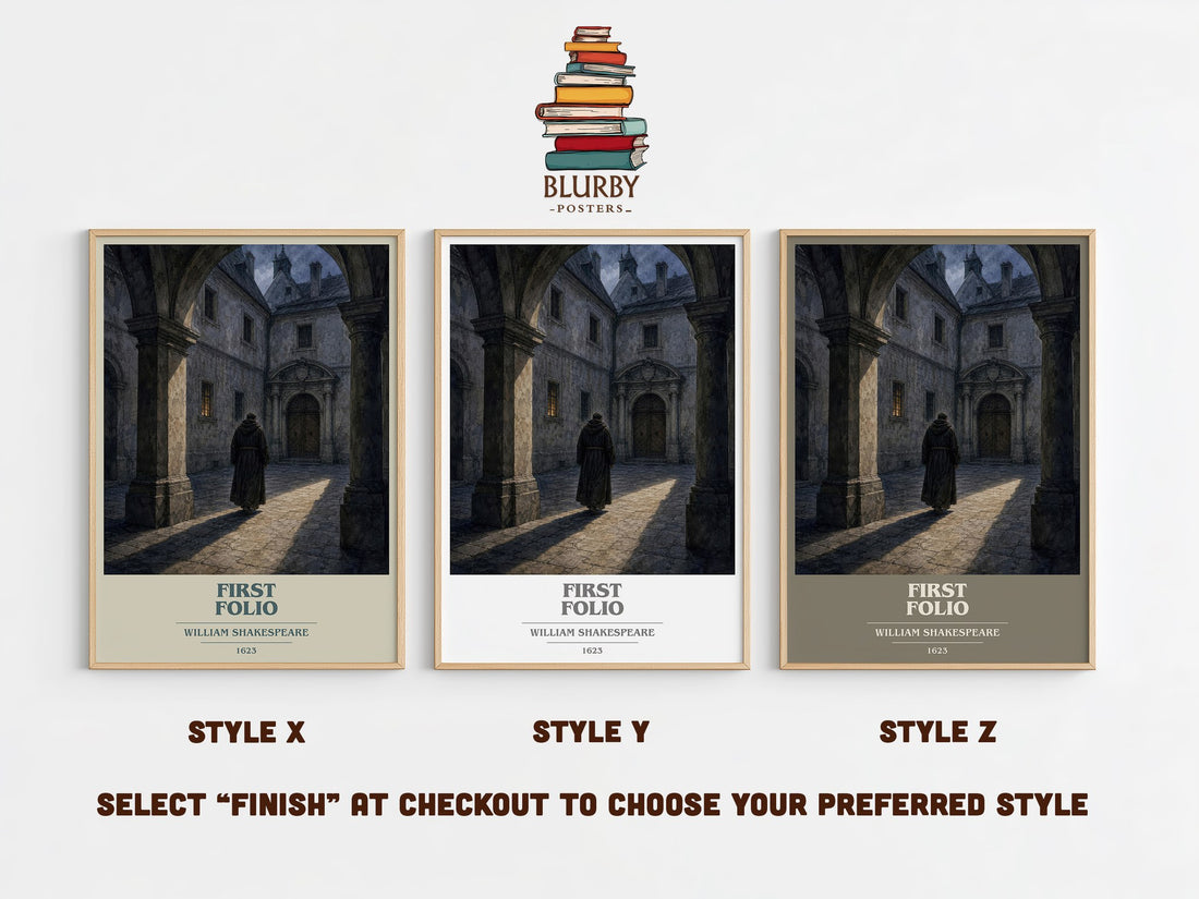 First Folio book cover print in frame leaning in hallway – classic literature wall art (mockup)