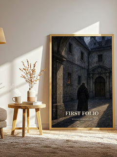 First Folio watercolour print in frame leaning in hallway – classic literature wall art