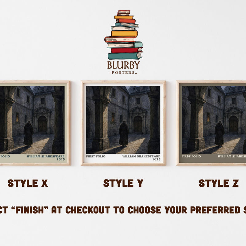 First Folio literary print in frame leaning in hallway – classic literature wall art