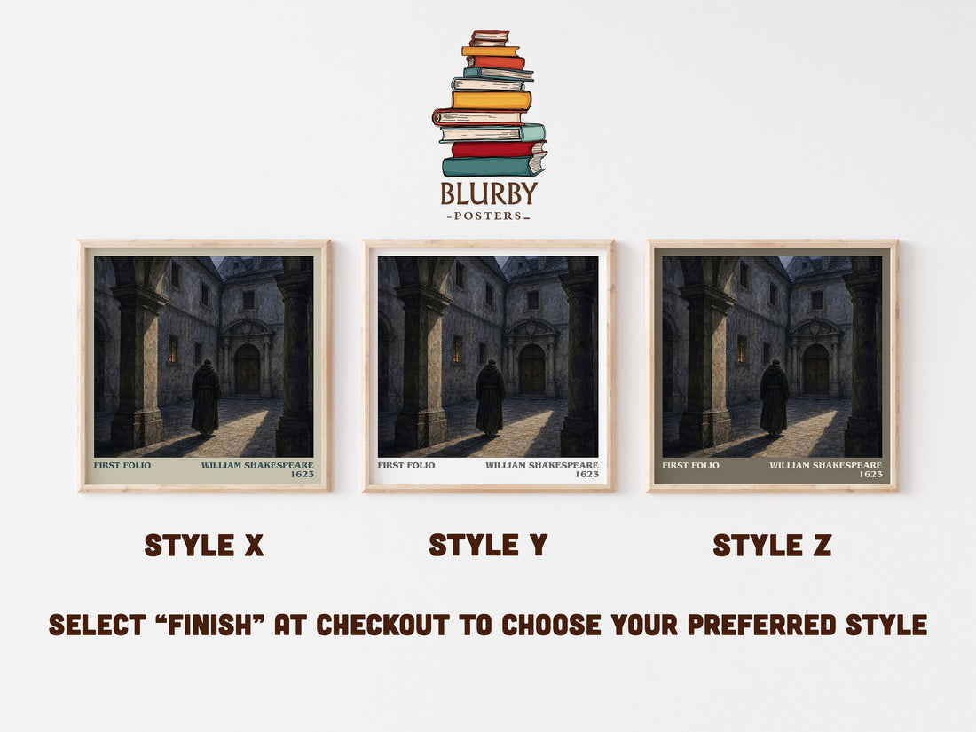 First Folio literary print in frame leaning in hallway – classic literature wall art (mockup)