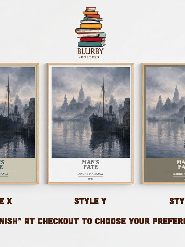 Man's Fate book cover print in frame leaning in hallway – literary fiction wall art