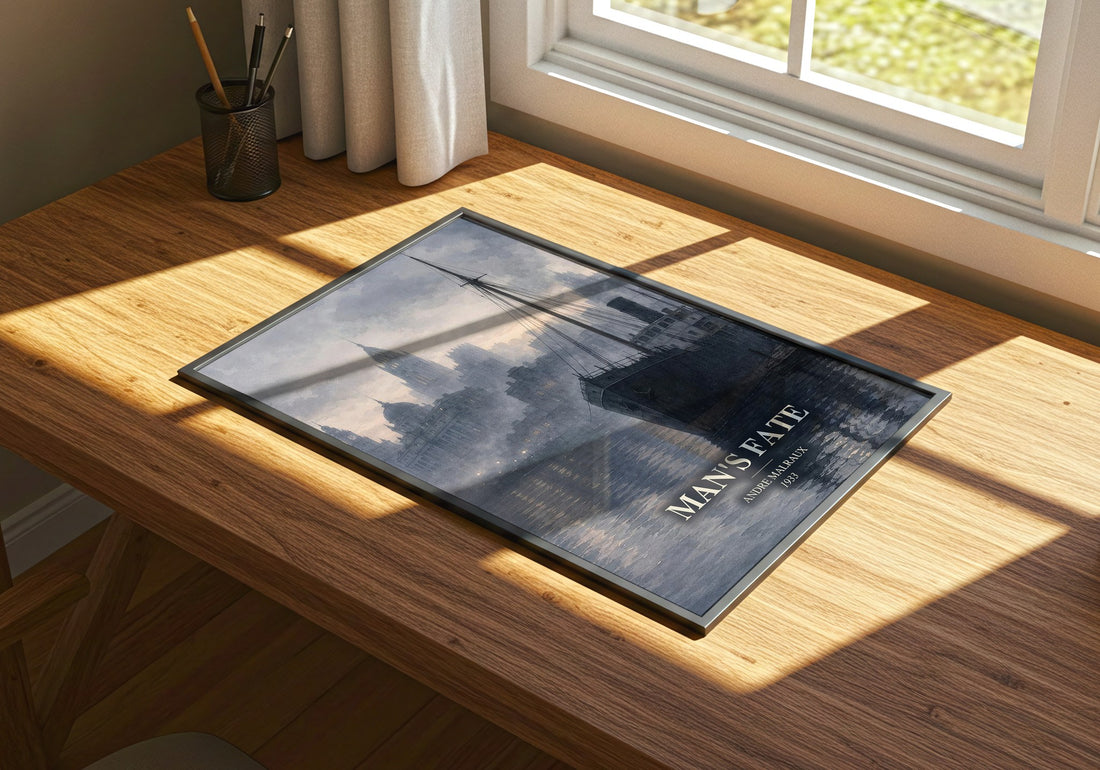 Man's Fate watercolour book poster framed on wall – literary fiction wall art