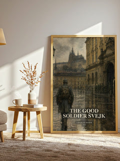 The Good Soldier Švejk watercolour print in frame leaning in hallway – satire wall art