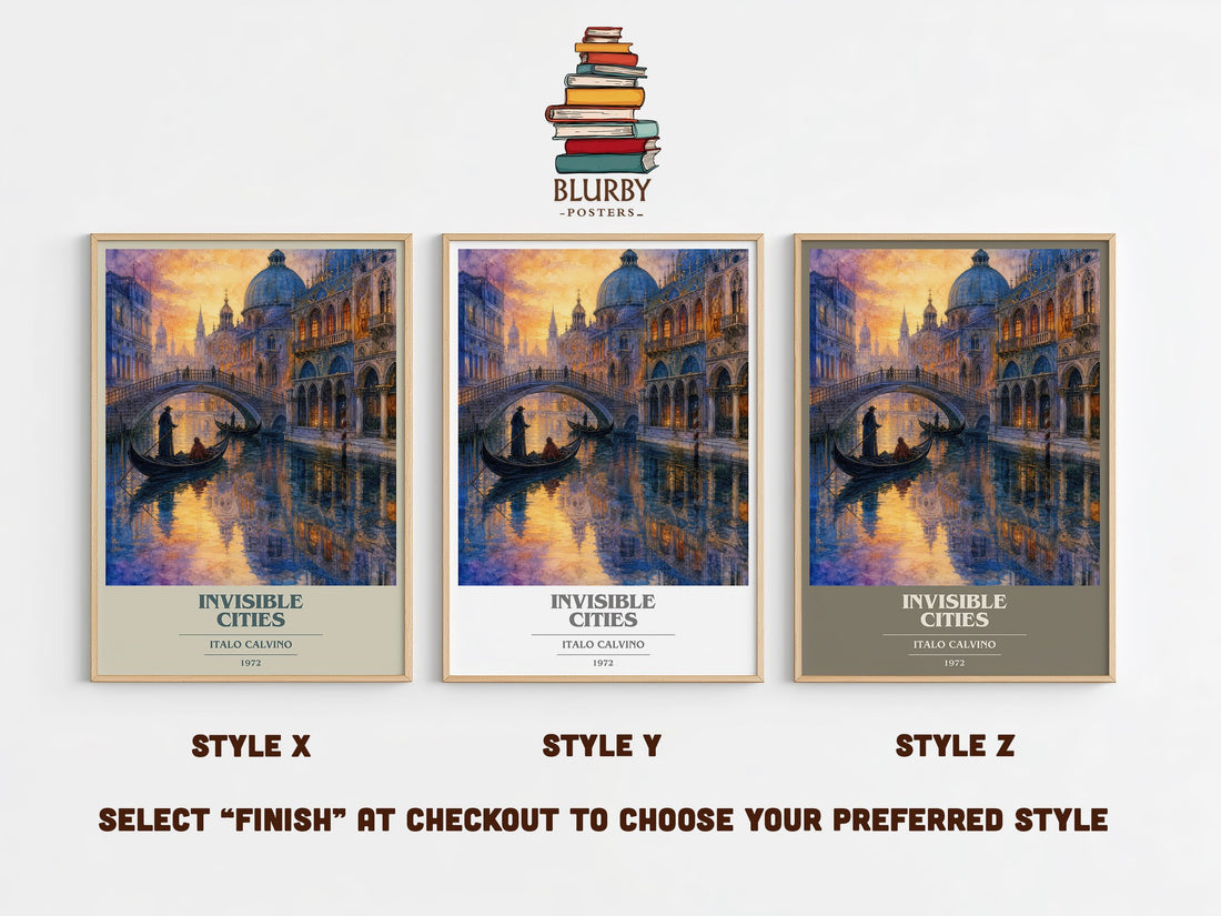 Invisible Cities book cover print in frame leaning in hallway – literary fiction wall art (mockup)