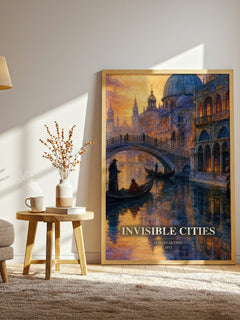 Invisible Cities watercolour print in frame leaning in hallway – literary fiction wall art