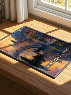Invisible Cities watercolour book poster framed on wall – literary fiction wall art