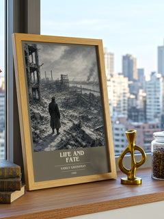 Life and Fate Book Cover Poster by Vasily Grossman – framed print on a city-view windowsill