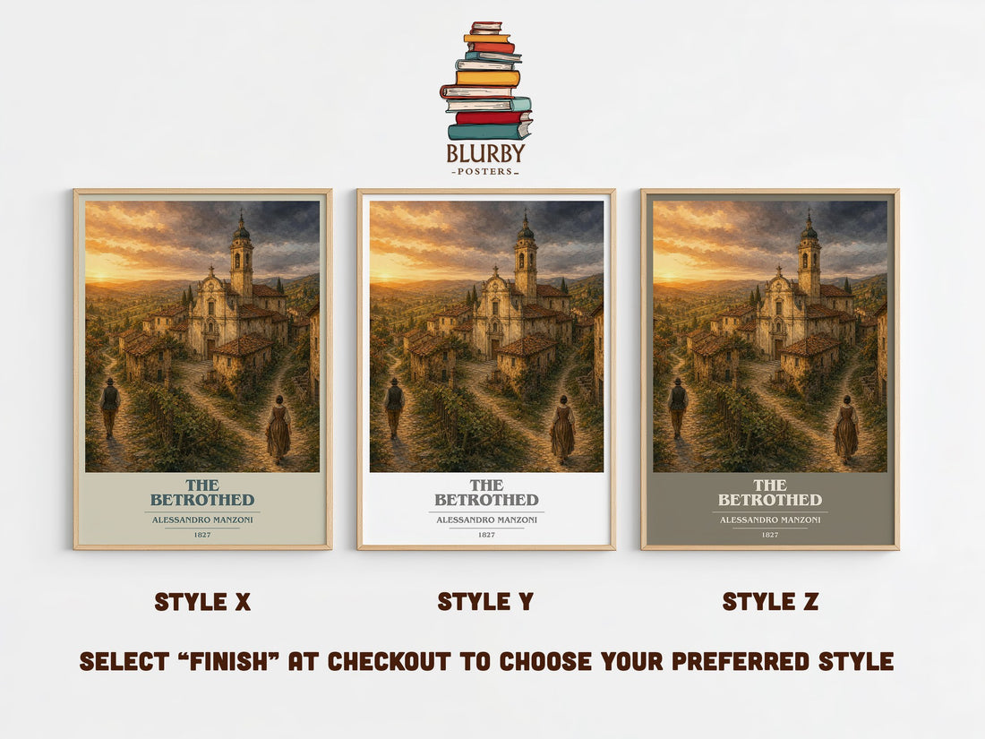 The Betrothed book cover print in frame leaning in hallway – historical fiction wall art (mockup)
