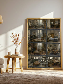 Life, a User's Manual watercolour print in frame leaning in hallway – literary fiction wall art