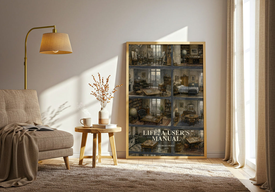 Life, a User's Manual watercolour print in frame leaning in hallway – literary fiction wall art