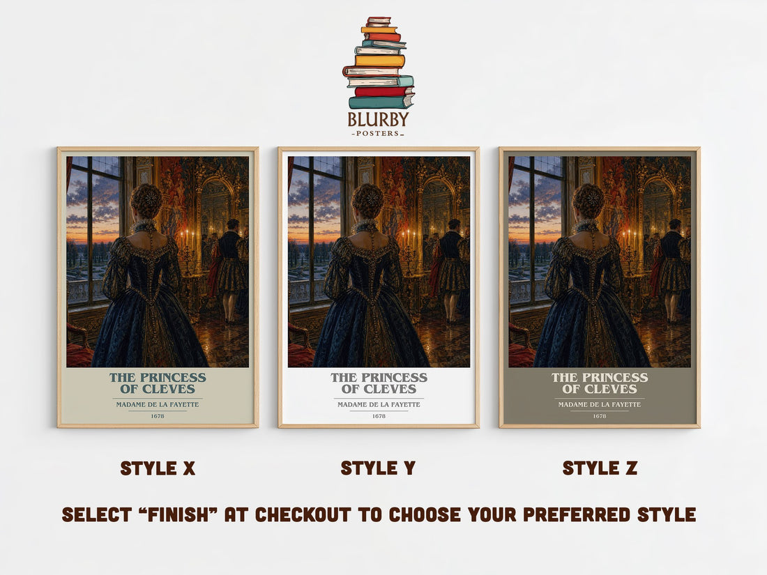 The Princess of Cleves book cover print in frame leaning in hallway – classic literature wall art (mockup)