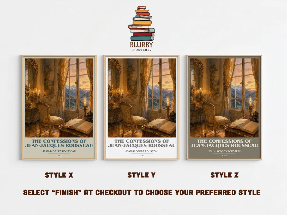 The Confessions of Jean-Jacques Rousseau book cover print in frame leaning in hallway – memoir wall art (mockup)