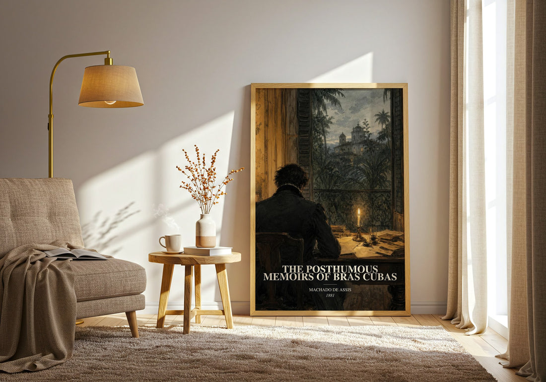 The Posthumous Memoirs of Bras Cubas watercolour print in frame leaning in hallway – satire wall art