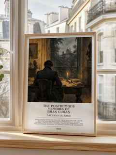 The Posthumous Memoirs of Bras Cubas bookish print in frame leaning in hallway – satire wall art