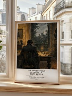 The Posthumous Memoirs of Bras Cubas book cover print in frame leaning in hallway – satire wall art