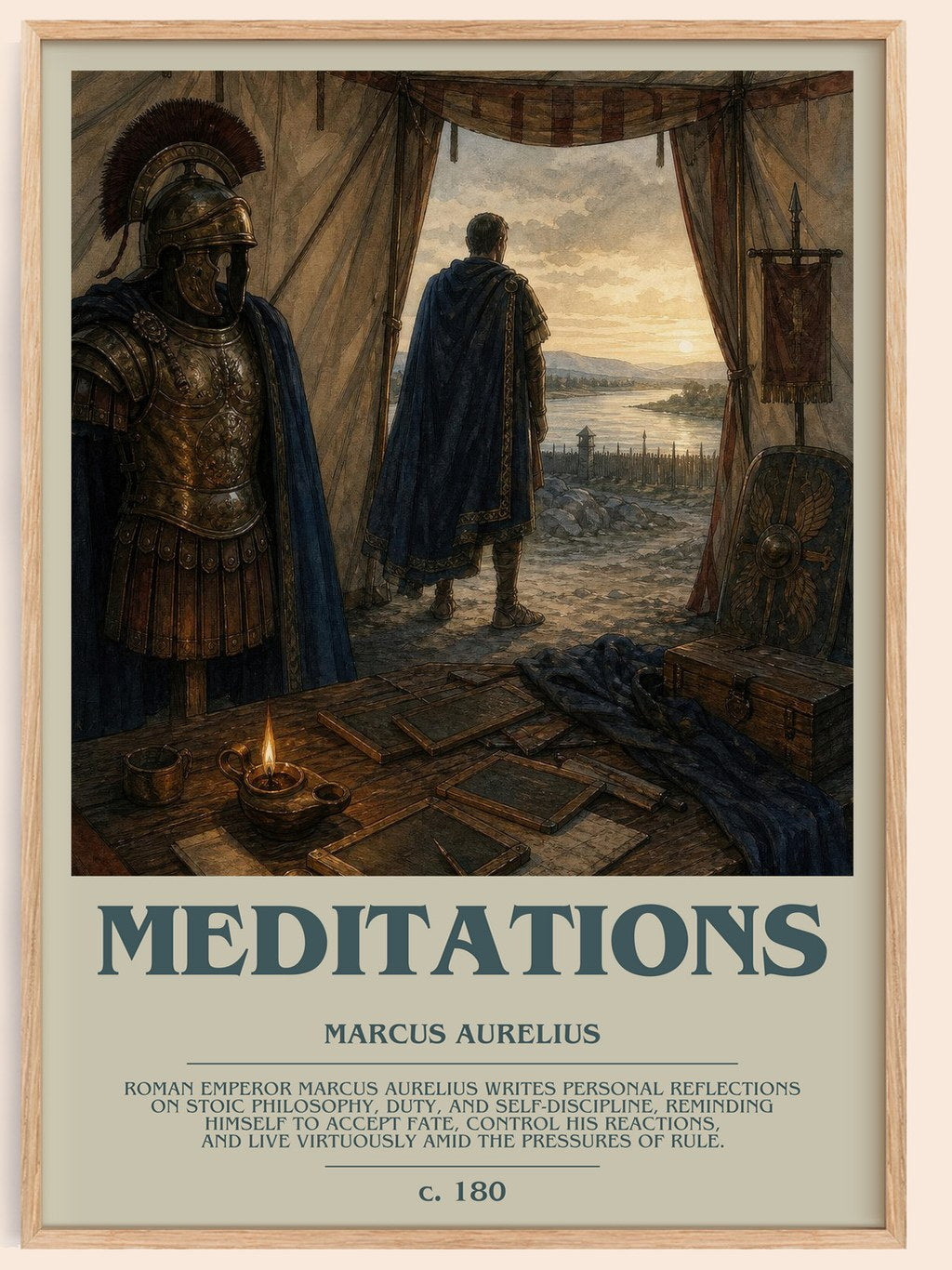 Meditations bookish book poster by Marcus Aurelius – framed literary art print