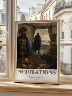 Meditations book cover print in frame leaning in hallway – philosophy wall art