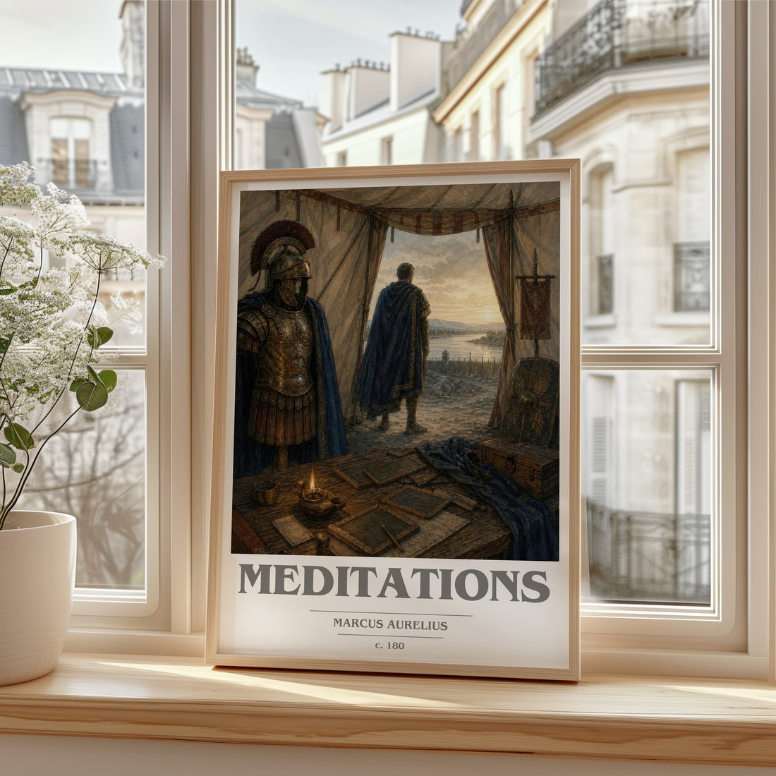 Meditations book cover print in frame leaning in hallway – philosophy wall art