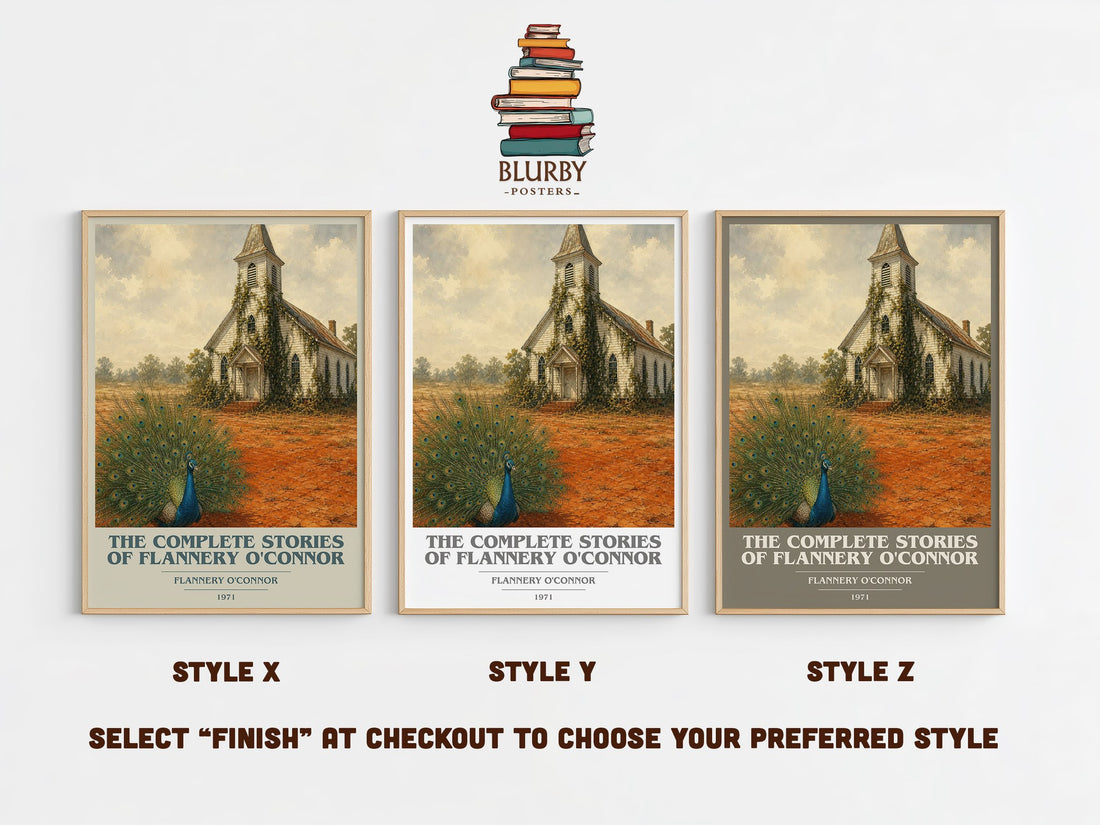 The Complete Stories of Flannery O'Connor book cover print in frame leaning in hallway – literary fiction wall art (mockup)