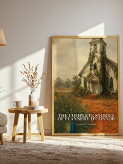 The Complete Stories of Flannery O'Connor watercolour print in frame leaning in hallway – literary fiction wall art