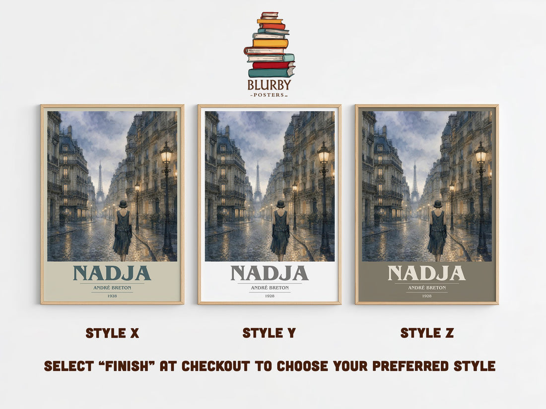 Nadja book cover print in frame leaning in hallway – literary fiction wall art (mockup)