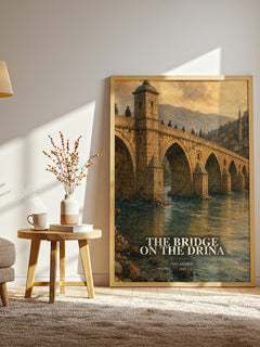 The Bridge on the Drina watercolour print in frame leaning in hallway – historical fiction wall art