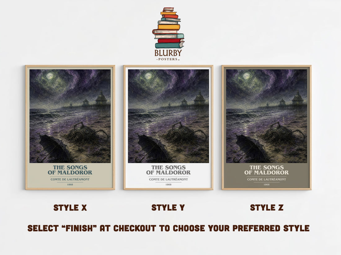 The Songs of Maldoror book cover print in frame leaning in hallway – poetry wall art (mockup)