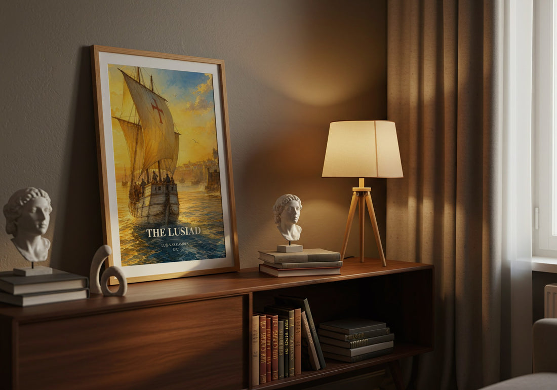 The Lusiad watercolour print on bookshelf – Luís Vaz Camões fan gift