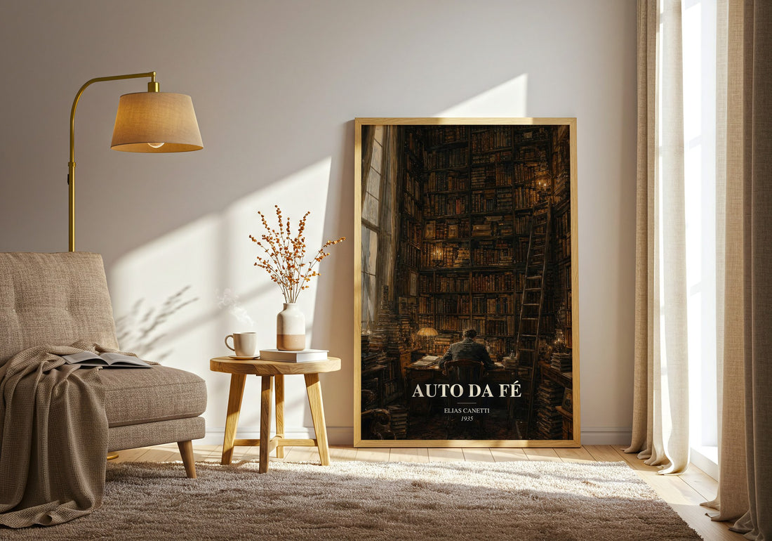Auto Da Fé watercolour print in frame leaning in hallway – literary fiction wall art