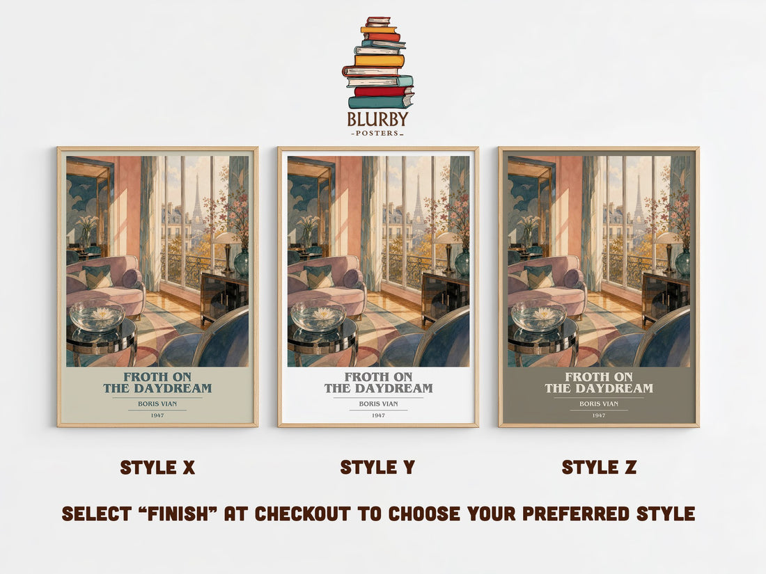 Froth on the daydream book cover print in frame leaning in hallway – literary fiction wall art (mockup)