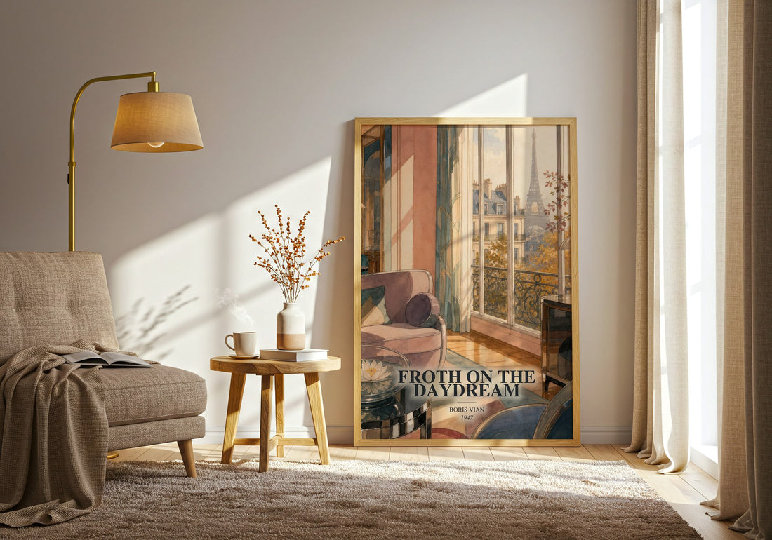 Froth on the daydream watercolour print in frame leaning in hallway – literary fiction wall art