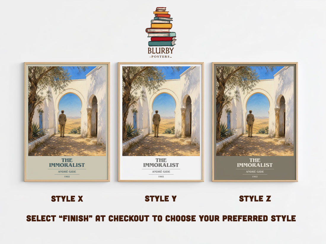 The Immoralist book cover print in frame leaning in hallway – literary fiction wall art (mockup)