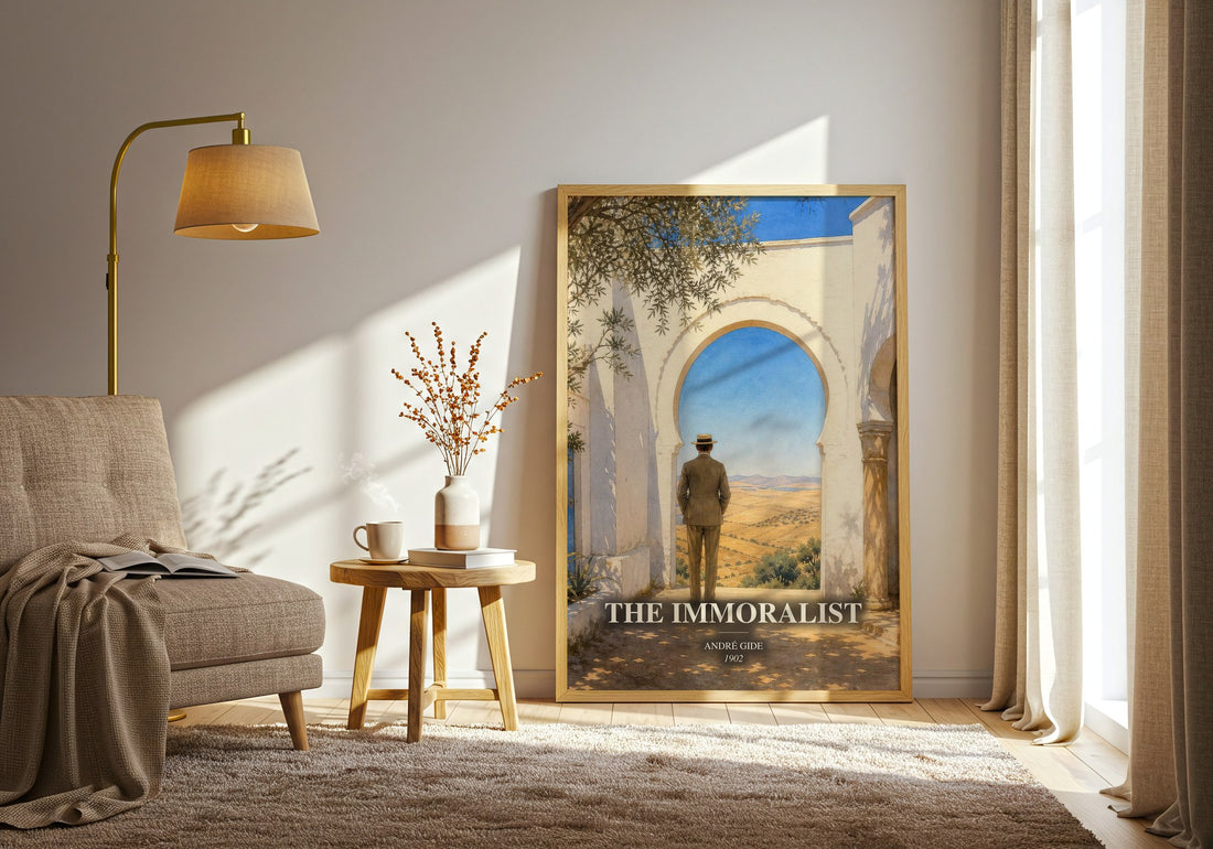 The Immoralist watercolour print in frame leaning in hallway – literary fiction wall art