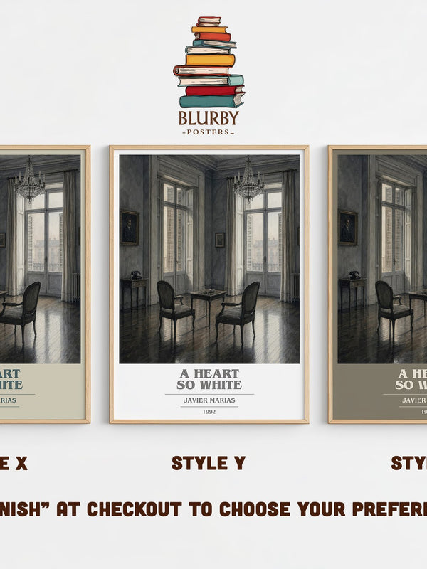 A Heart So White book cover print in frame leaning in hallway – literary fiction wall art