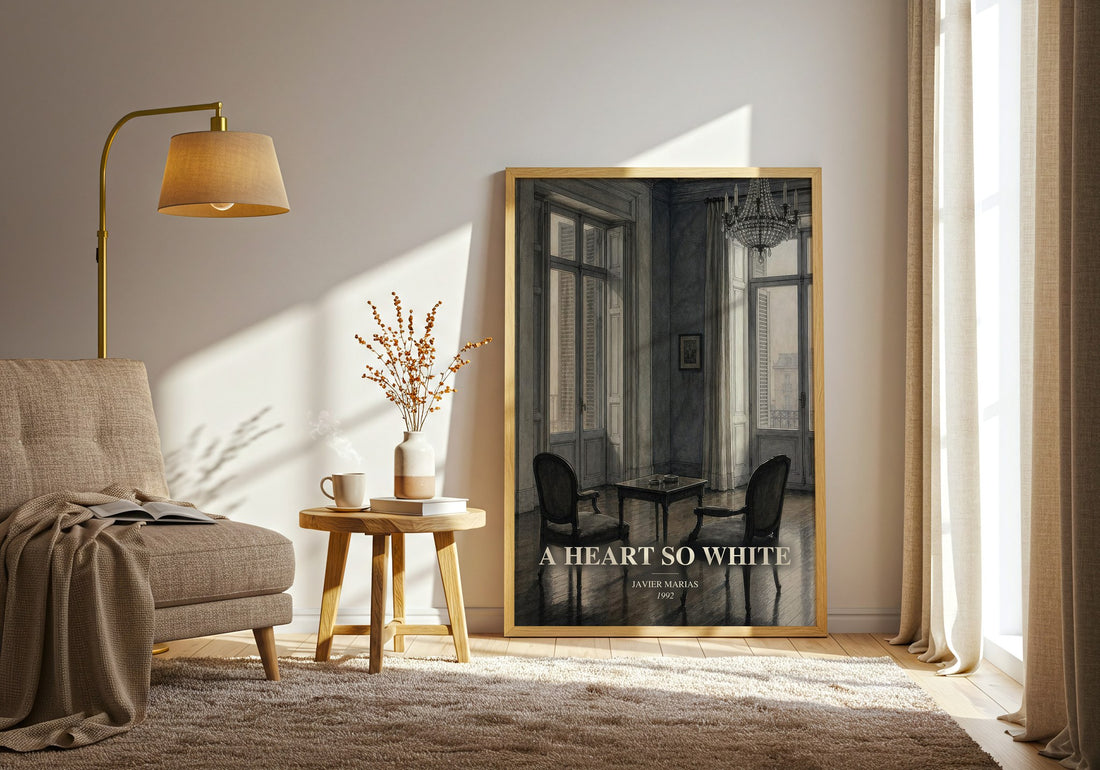 A Heart So White watercolour print in frame leaning in hallway – literary fiction wall art