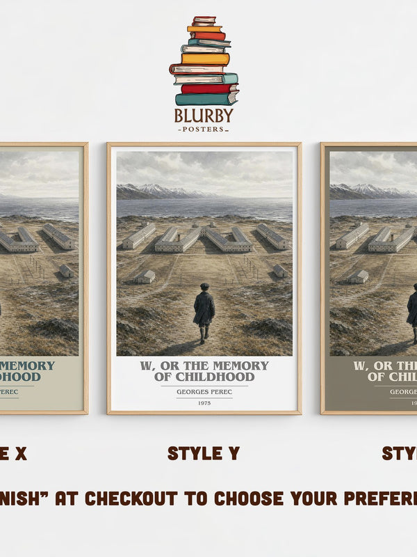 W, or the Memory of Childhood book cover print in frame leaning in hallway – literary fiction wall art