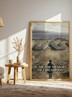 W, or the Memory of Childhood watercolour print in frame leaning in hallway – literary fiction wall art