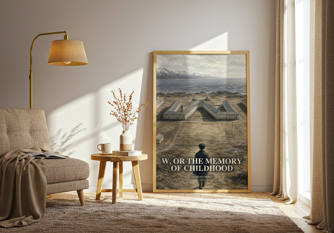 W, or the Memory of Childhood watercolour print in frame leaning in hallway – literary fiction wall art