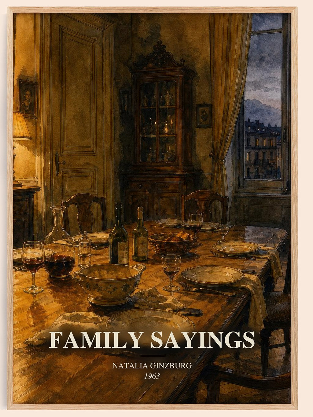 Family Sayings watercolour book poster by Natalia Ginzburg – framed literary art print