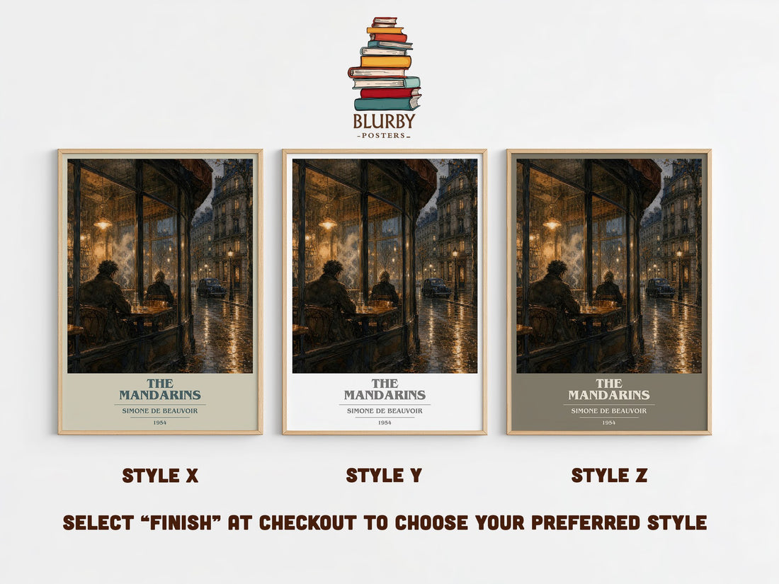The Mandarins book cover print in frame leaning in hallway – literary fiction wall art (mockup)