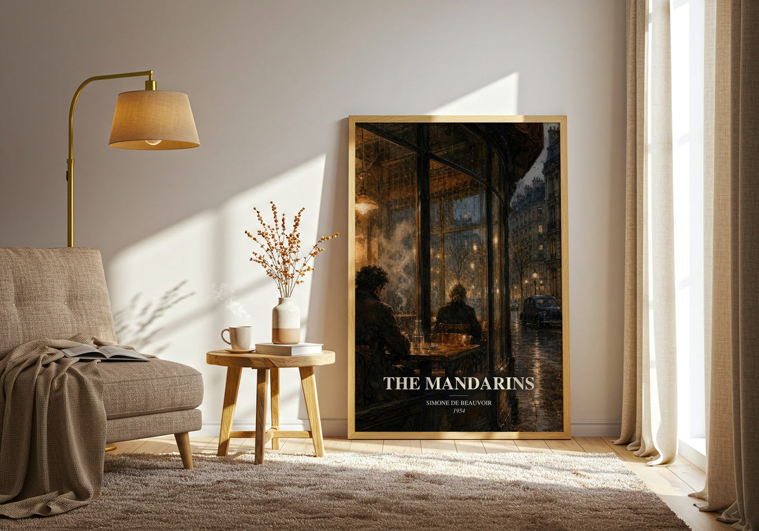 The Mandarins watercolour print in frame leaning in hallway – literary fiction wall art