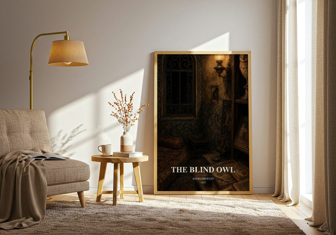 The Blind Owl watercolour print in frame leaning in hallway – literary fiction wall art