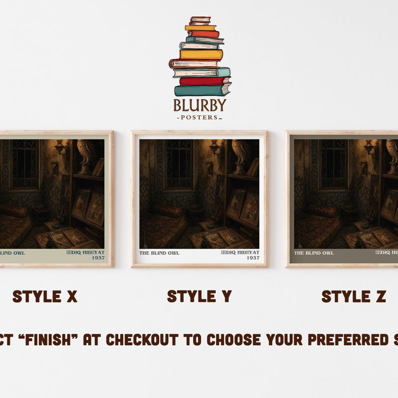 The Blind Owl literary print in frame leaning in hallway – literary fiction wall art