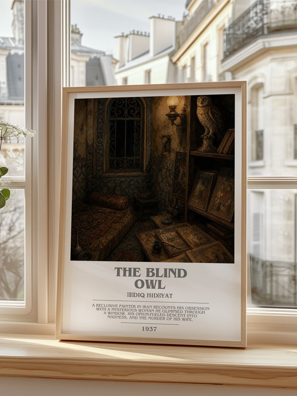 The Blind Owl Bookish Wall Art by Ṣādiq Hidāyat – framed print by a bright window