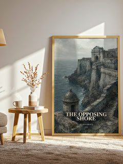 The Opposing Shore watercolour print in frame leaning in hallway – literary fiction wall art