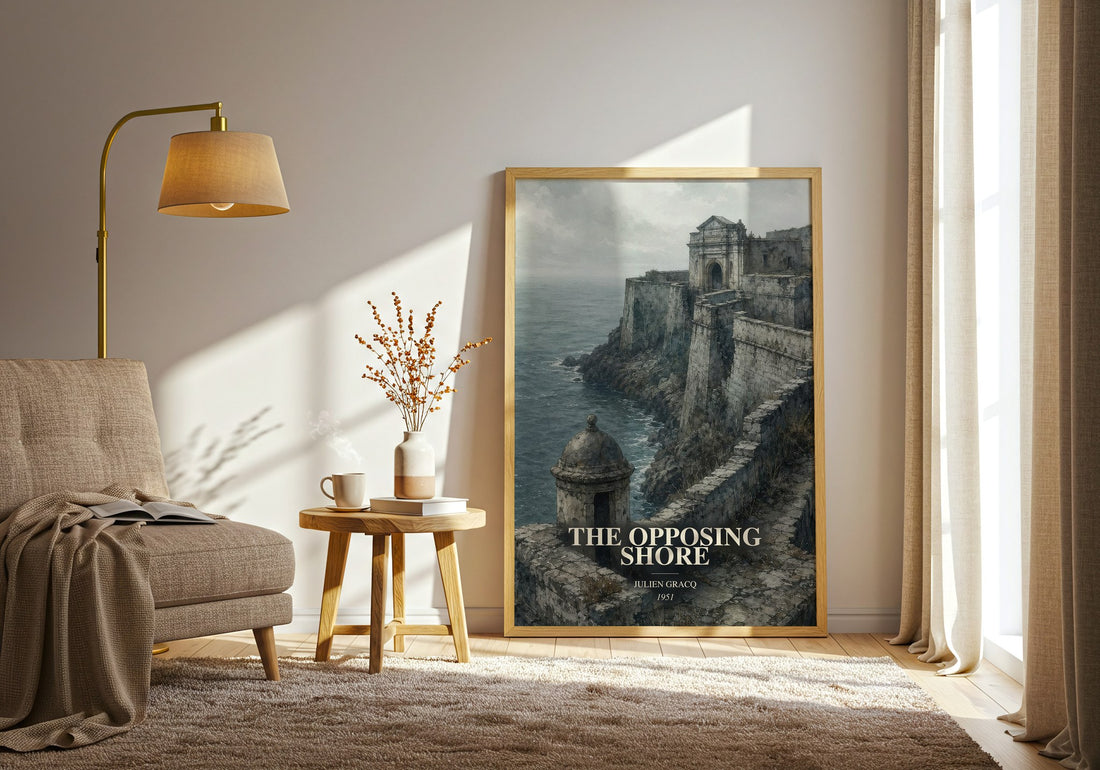 The Opposing Shore watercolour print in frame leaning in hallway – literary fiction wall art
