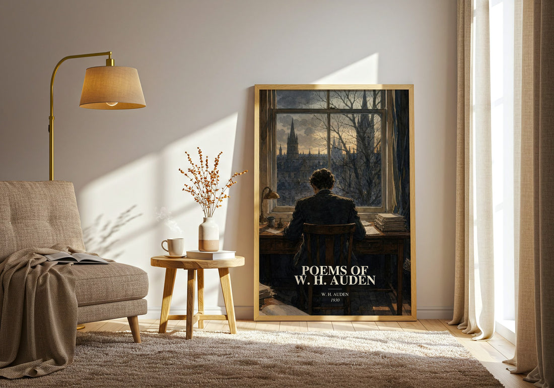 Poems of W. H. Auden watercolour print in frame leaning in hallway – poetry wall art