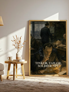 Tinker, Tailor, Soldier, Spy watercolour print in frame leaning in hallway – thriller wall art