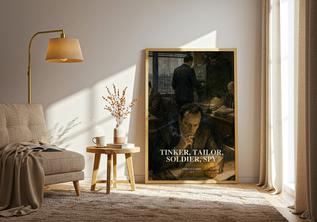 Tinker, Tailor, Soldier, Spy watercolour print in frame leaning in hallway – thriller wall art